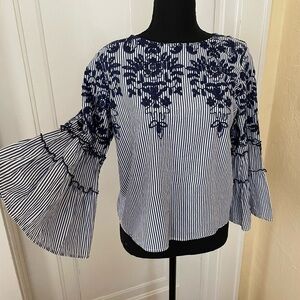 Miss Cocoa Pinstripe Navy Embroidered Peplum Sleeves‎ Blouse with back Button M